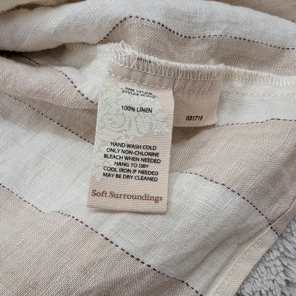 Soft Surroundings Top Womens L White Beige Stripe Tunic Linen ¾ Sleeve Lagenlook - Picture 7 of 8